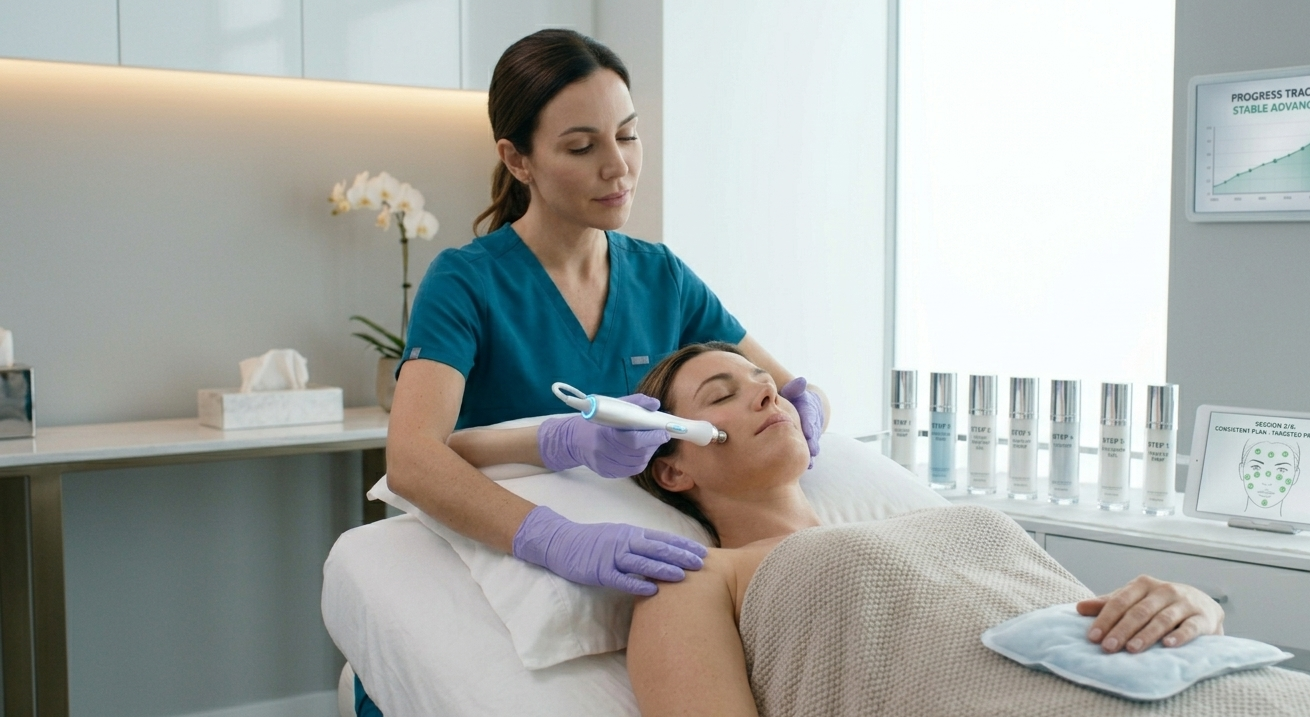 A close-up image of a person's skin, showing a small, discreet area of concern that is being gently treated with cooling technology.